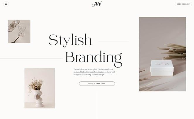 Minimalistische Webseite mit großer Serifenschrift und ausgewogenen Bildflächen