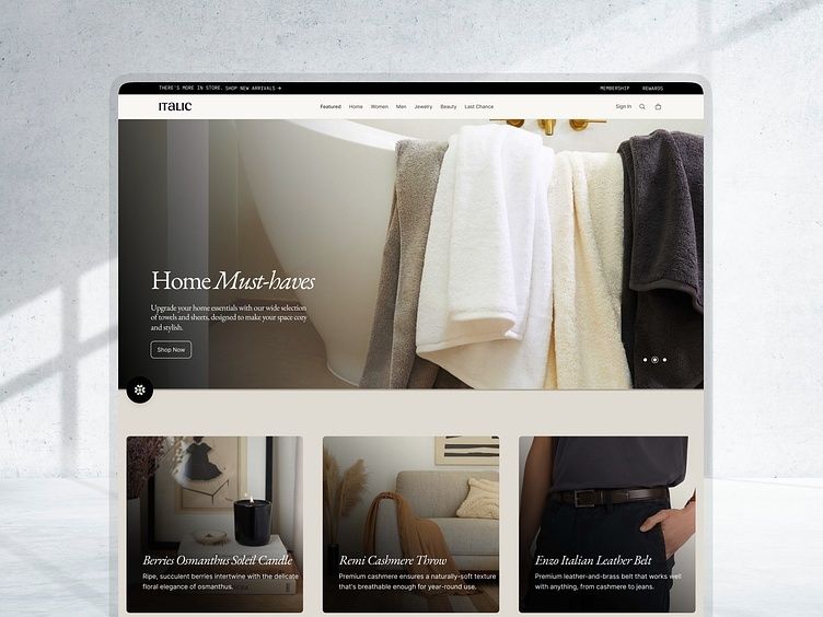 Minimalistische E-Commerce-Webseite mit Handtüchern und Produktkacheln